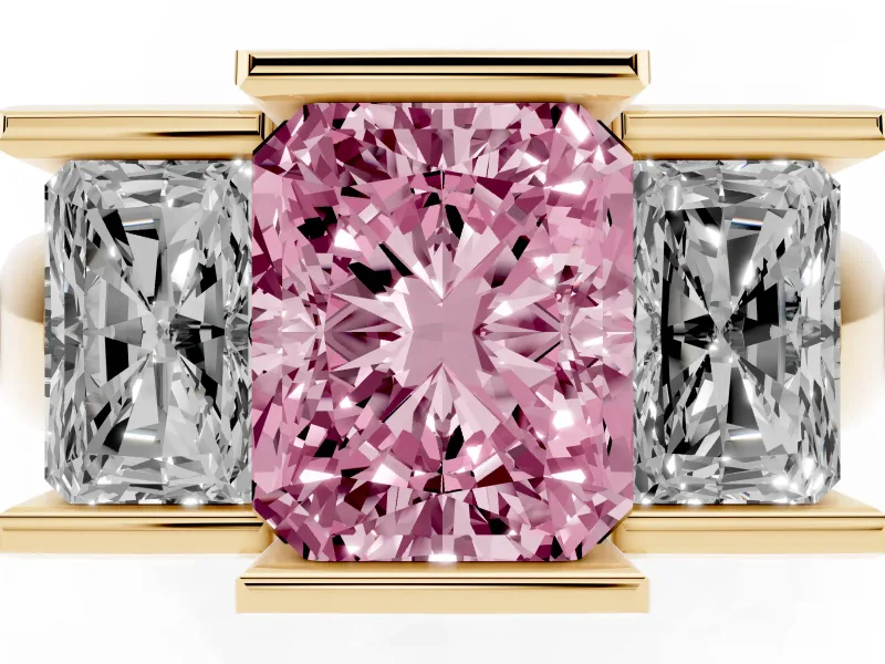 Radiant Cut Channel-Set Three Stone Engagement Ring Setting for a Fancy Pink Lab-Grown Diamond | Yellow Gold