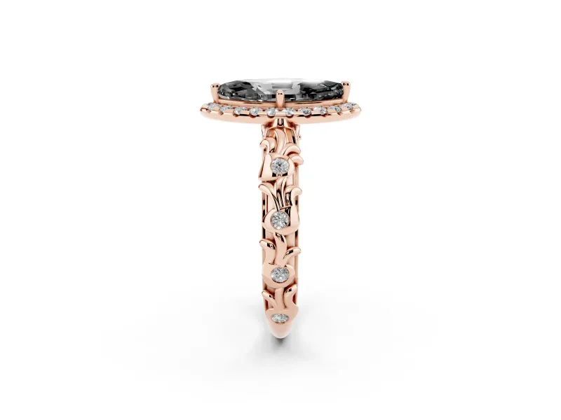 Marquise Leaf Halo Engagement Ring Setting for a Black Center | Bezel Accents | Rose Gold