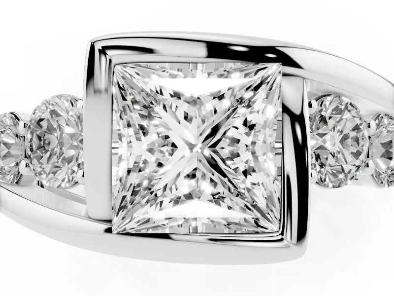 Princess Cut Diamond Bezel Bypass Ring Set in White gold with Round Accents