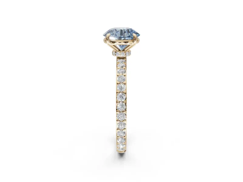Round Hidden Halo Engagement Ring Setting for a Fancy Blue Lab-Grown Diamond | Pavé Band | Yellow Gold