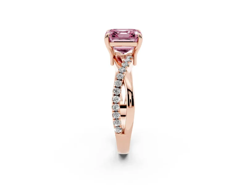 Fancy Pink Asscher Cut Diamond Twist Band Solitaire Set in Rose gold with Pavé Accents and Prong Setting