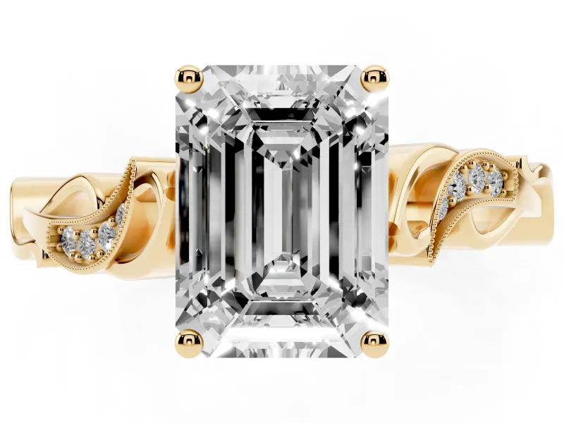 Emerald Cut Vintage Vine Solitaire Engagement Ring Setting | Milgrain Leaves | Yellow Gold