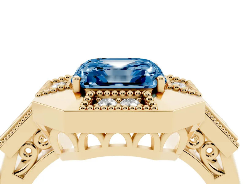 Fancy Blue Asscher Cut Diamond Milgrain Halo Ring Set in Yellow gold with Split Shank