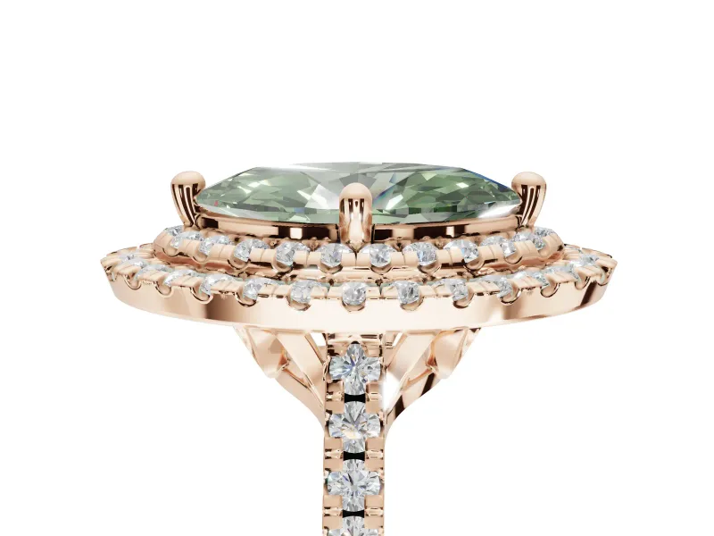 Fancy Green Marquise Lab-Grown Diamond Double Halo Statement Ring Set in Rose Gold with Pavé Band