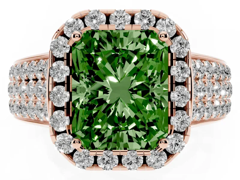 Radiant Cut Pavé Engagement Ring Setting for a Fancy Green Lab-Grown Diamond | Wide Three-Row Band | Rose Gold