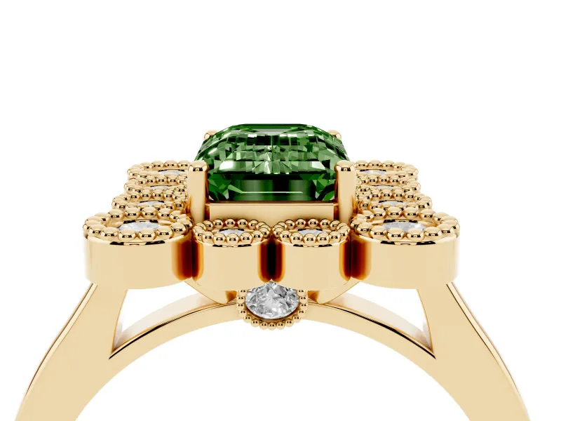 Emerald Cut Milgrain Cluster Halo Engagement Ring Setting for a Fancy Green Lab-Grown Diamond | Plain Band | Yellow Gold