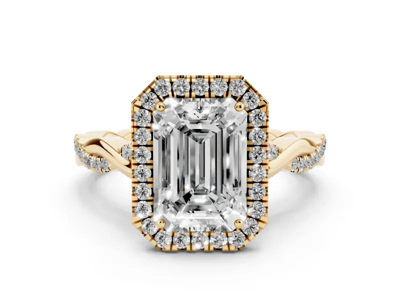 Emerald Cut Diamond Halo Twist Band Solitaire Ring Set in Yellow gold with Prong Setting