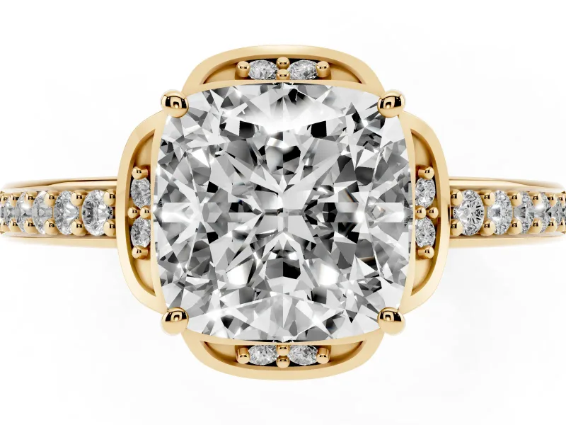 Cushion Cut Floral Pavé Engagement Ring Setting | Petal Accents | Yellow Gold
