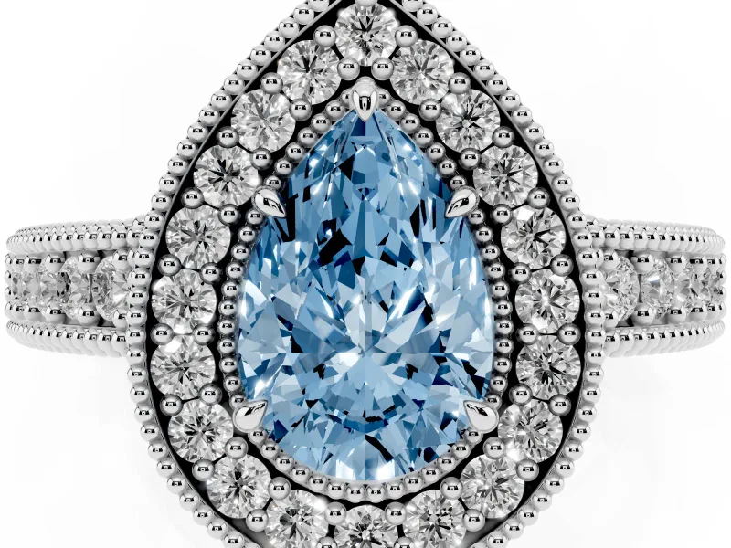 Fancy Blue Pear Cut Diamond Halo Ring Set in Platinum with Round Accent Halo, Pavé Band and Prong Setting