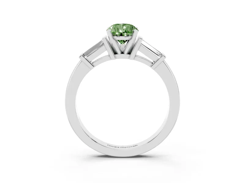 Fancy Green Pear Cut Diamond Solitaire Ring Set in Platinum with Tapered Baguette Accents and Prong Setting
