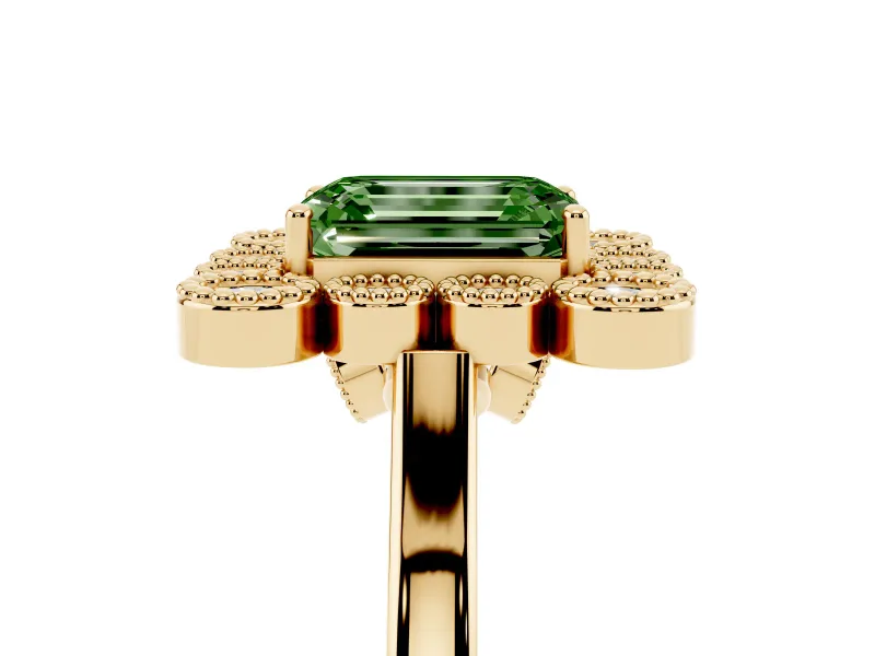 Emerald Cut Milgrain Cluster Halo Engagement Ring Setting for a Fancy Green Lab-Grown Diamond | Plain Band | Yellow Gold