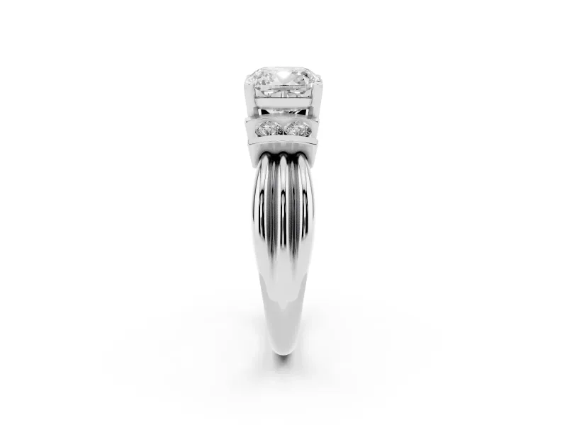 Three-Stone Cushion Cut Diamond Channel Set Ring Set in White gold with Bar Prongs
