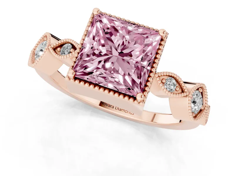 Fancy Pink Princess Cut Diamond Vintage-Inspired Milgrain Ring Set in Rose gold with Marquise Stations of Round Accents