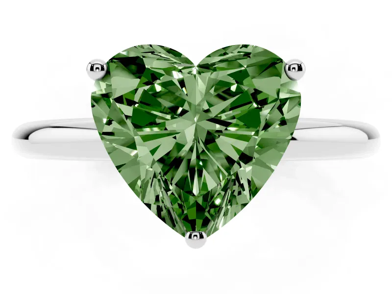 Fancy Green Heart Cut Diamond Solitaire Engagement Ring Set in Silver with Prong Setting and Polished Band