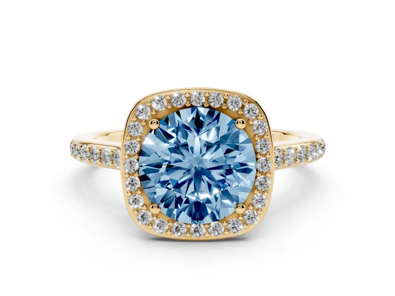 Fancy Blue Round Cut Diamond Halo Engagement Ring Set in Yellow gold with Round Pavé Shoulders and Heart Gallery