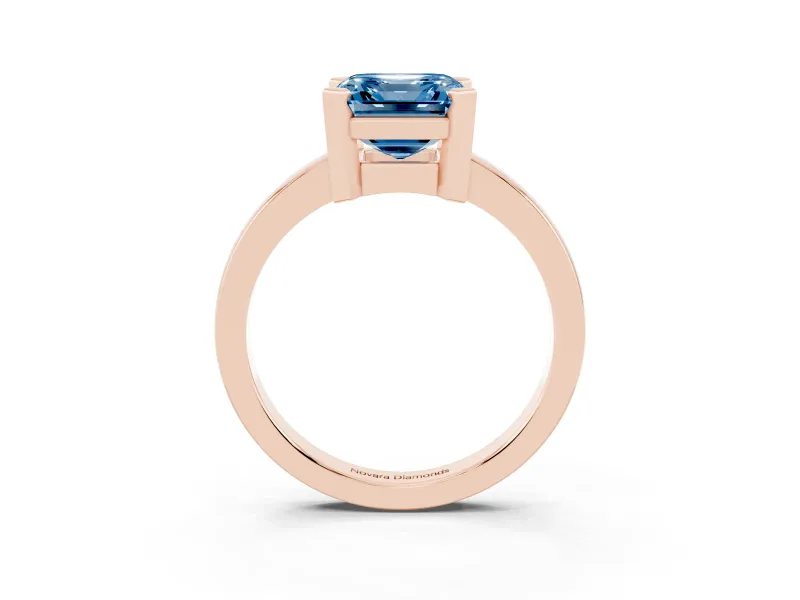 Fancy Blue Asscher Cut Diamond Solitaire Ring Set in Rose gold with Prong Head and Smooth Polished Band