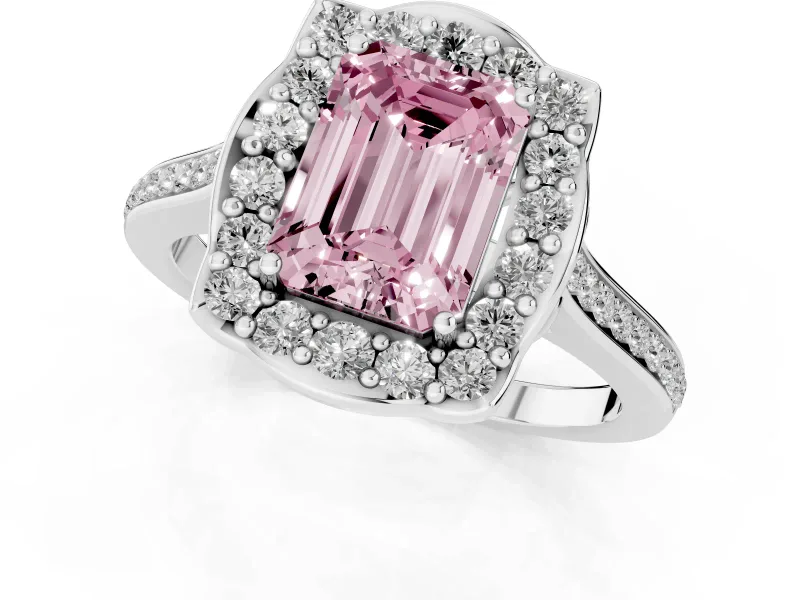 Emerald Cut Halo Engagement Ring Setting for a Fancy Pink Lab-Grown Diamond | Petal Tips | Platinum