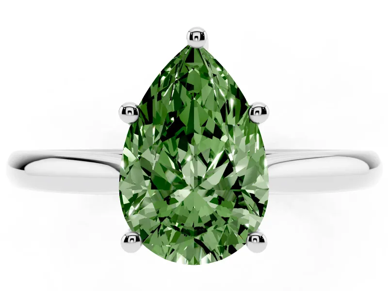 Fancy Green Pear Cut Diamond Solitaire Ring Set in Silver with Cathedral Band and Prong Setting