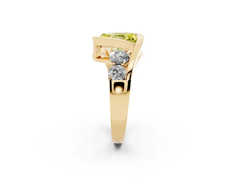 Fancy Yellow Radiant Cut Diamond Bezel Bypass Ring Set in Yellow gold with Round Accents