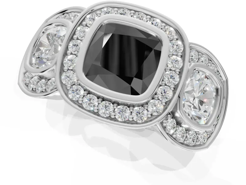 Cushion Cut Three Stone Halo Engagement Ring Setting for a Black Center | Bezel Set | Platinum