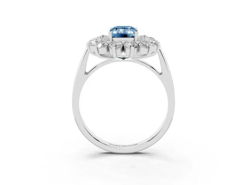 Emerald Cut Floral Double Halo Engagement Ring Setting for a Fancy Blue Lab-Grown Diamond | Plain Band | Sterling Silver