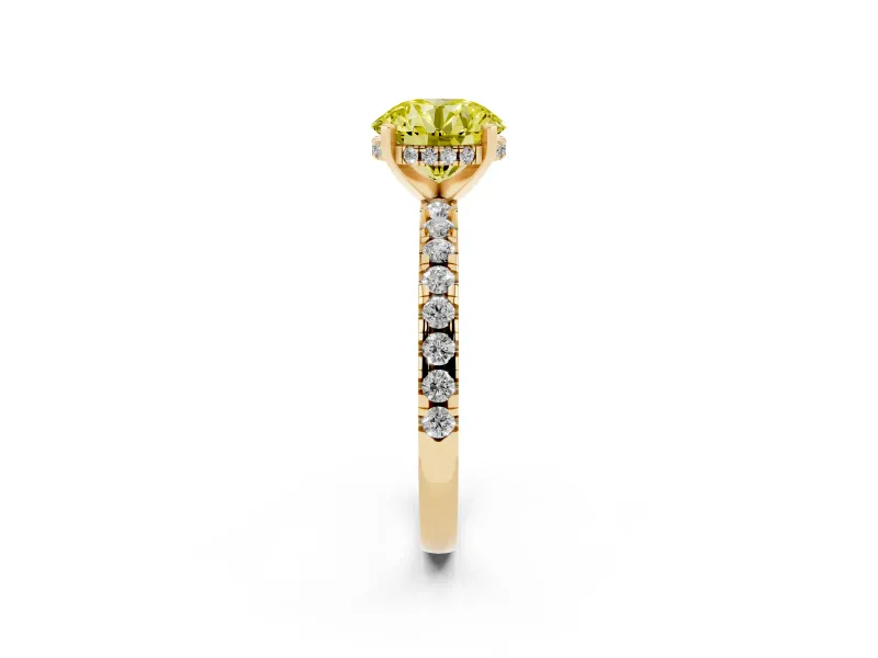 Round Hidden Halo Solitaire Engagement Ring Setting for a Fancy Yellow Lab-Grown Diamond | Pave Band | Yellow Gold