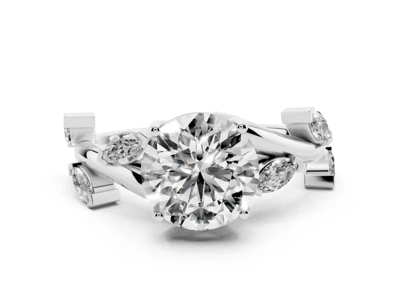Round Cut Diamond Solitaire Ring Set in Platinum with Twisted Marquise Accent Band
