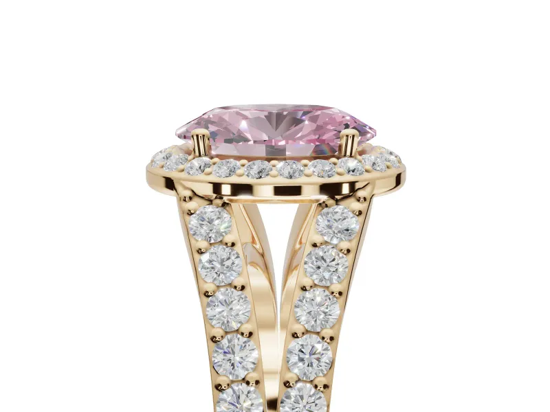 Oval Halo Pavé Engagement Ring Setting for a Fancy Pink Lab-Grown Diamond | Narrow Split Shank | Yellow Gold