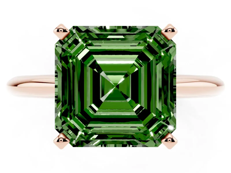 Fancy Green Asscher Cut Diamond Solitaire Ring Set in Rose gold with Prong Setting on a Plain Round Band