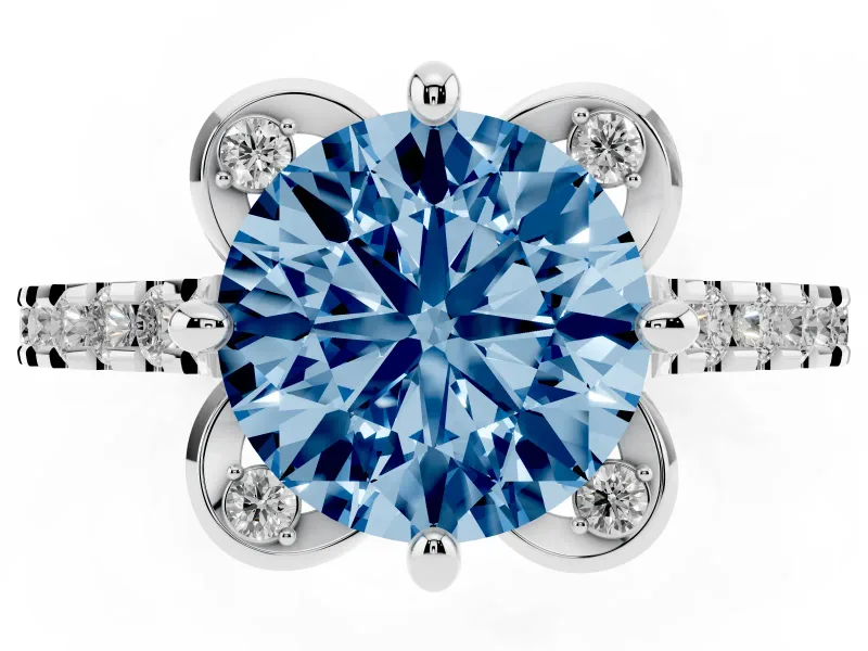Fancy Blue Round Cut Diamond Solitaire Ring Set in Platinum with Pavé Band and Floral Prong Setting