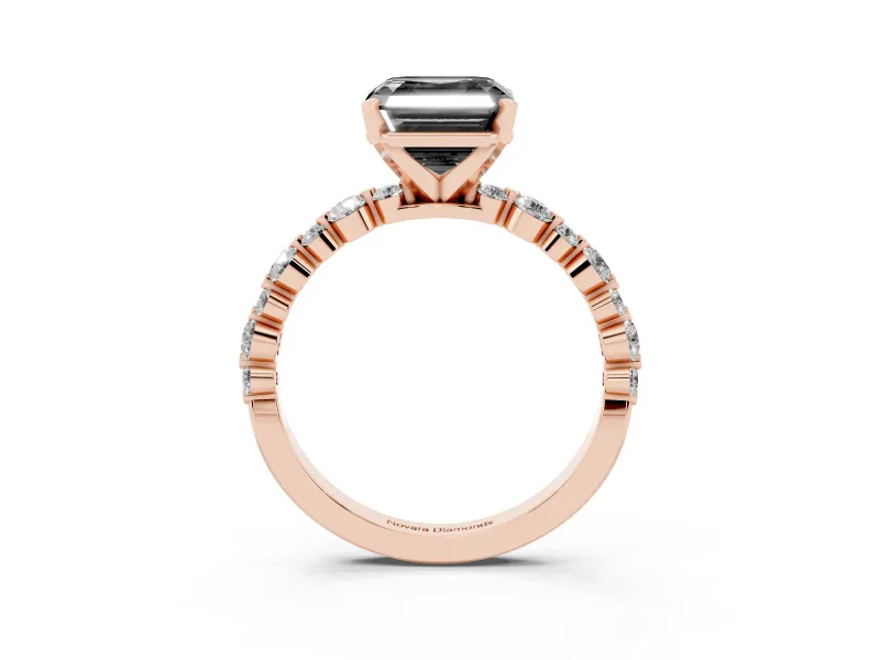 Fancy Black Asscher Cut Diamond Prong Set Engagement Ring Set in Rose gold with Round Accent Pavé Band