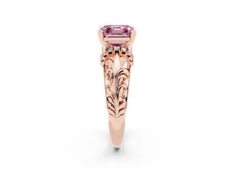 Fancy Pink Asscher Cut Diamond Filigree Halo Engagement Ring Set in Rose gold with Prong Setting
