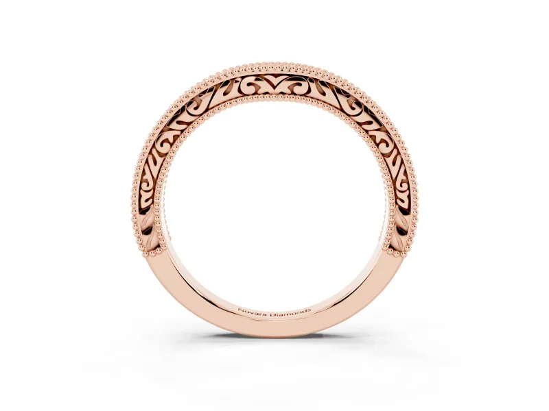 Round Lab-Grown Diamond Pavé Chevron Milgrain Wedding Band | Scrollwork Sides | Rose Gold