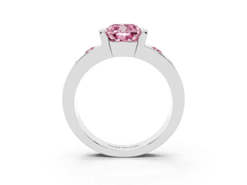 Fancy Pink Cushion Cut Diamond Channel-Set Band Ring Set in Silver with Bezel Prong Setting