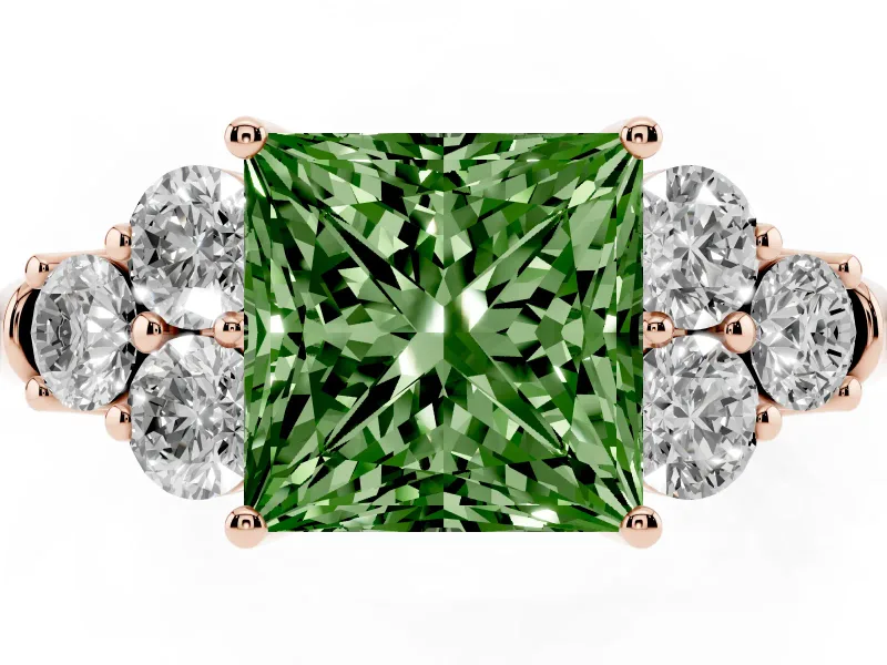 Princess Cut Side Stone Engagement Ring Setting for a Fancy Green Lab-Grown Diamond | Rose Gold