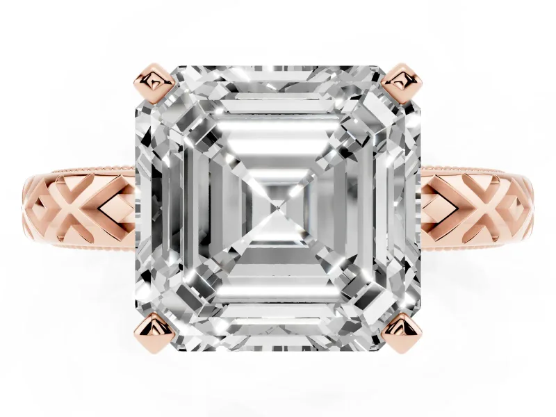 Asscher Cut Diamond Solitaire Ring Set in Rose gold with Milgrain and Black Enamel X Pattern Band