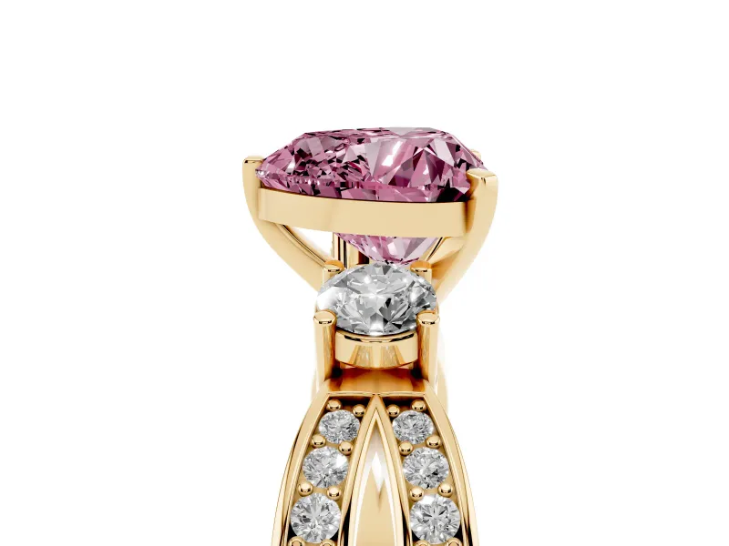 Fancy Pink Three-Stone Heart Cut Diamond Twist Band Ring Set in Yellow gold with Pavé Accents and Prong Setting