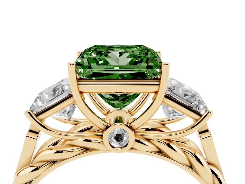 Princess Cut Three Stone Engagement Ring Setting for a Fancy Green Lab-Grown Diamond | Braided Band | Yellow Gold