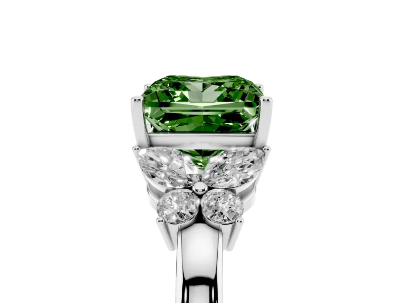 Fancy Green Princess Cut Diamond Solitaire Floral Ring Set in Platinum with Marquise Petals and Prong Setting