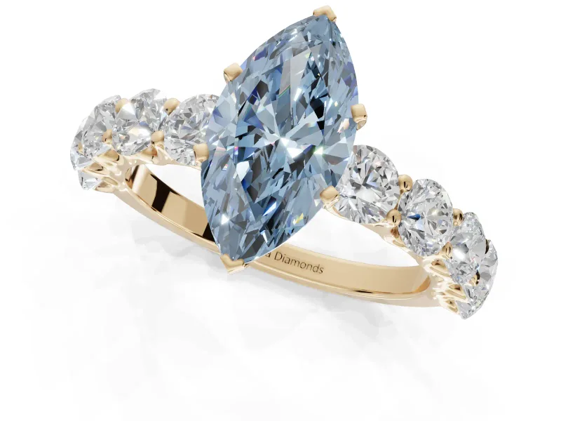 Marquise Side Stone Engagement Ring Setting for a Fancy Blue Lab-Grown Diamond | Scalloped Prong Accents | Yellow Gold