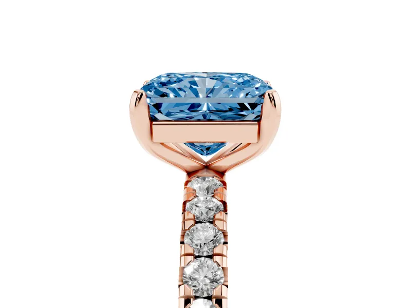 Fancy Blue Radiant Cut Diamond Pavé Solitaire Ring Set in Rose gold with Round Band and Prong Setting