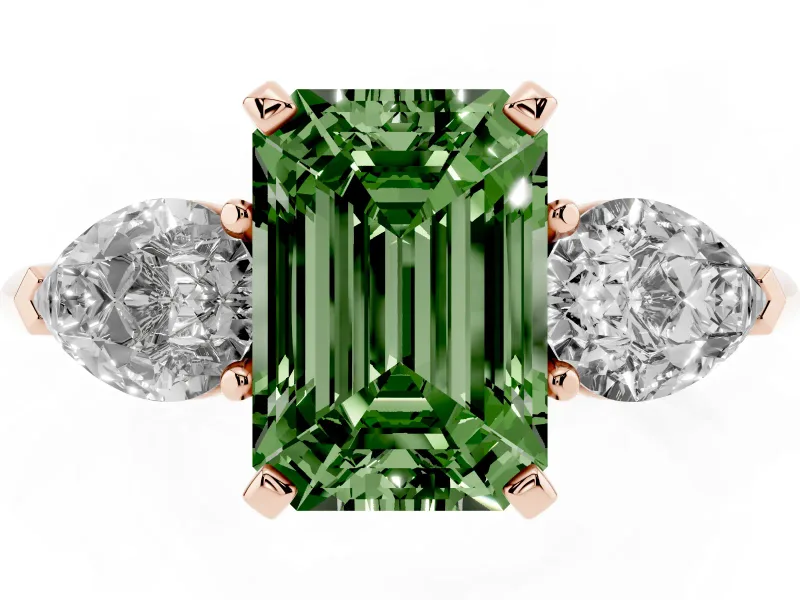 Fancy Green Three-Stone Emerald Cut Diamond Ring Set in Rose gold with Pear Side Stones and Prong Setting