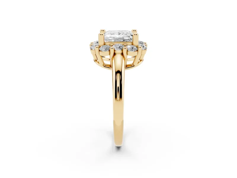 Princess Cut Cluster Halo Engagement Ring Setting | Large Round Accents | Yellow Gold