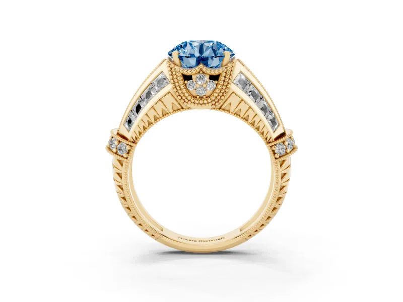 Round Vintage Milgrain Engagement Ring Setting for a Fancy Blue Lab-Grown Diamond | Hidden Halo | Yellow Gold