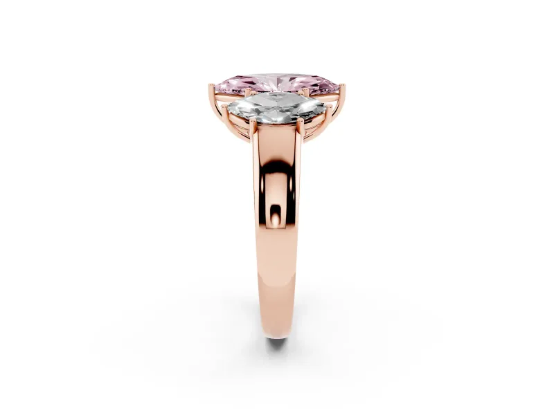 Fancy Pink Three-Stone Marquise Cut Diamond Ring Set in Rose gold with Matching Prong Settings and Plain Band
