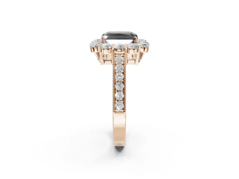 Fancy Black Radiant Cut Lab-Grown Diamond Halo Pavé Engagement Ring Set in Rose Gold with Milgrain Detailing