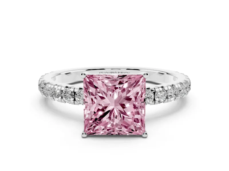 Fancy Pink Princess Cut Diamond Pavé Solitaire Engagement Ring Set in White gold with Prong Setting