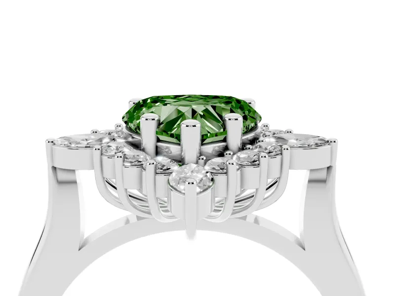 Fancy Green Heart Cut Diamond Cluster Halo Ring Set in Silver with Marquise and Round Accents