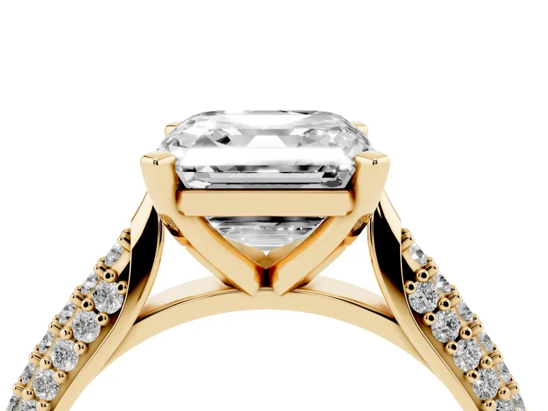 Asscher Cut Pavé Solitaire Engagement Ring Setting | Multi-Row Shoulders | Yellow Gold