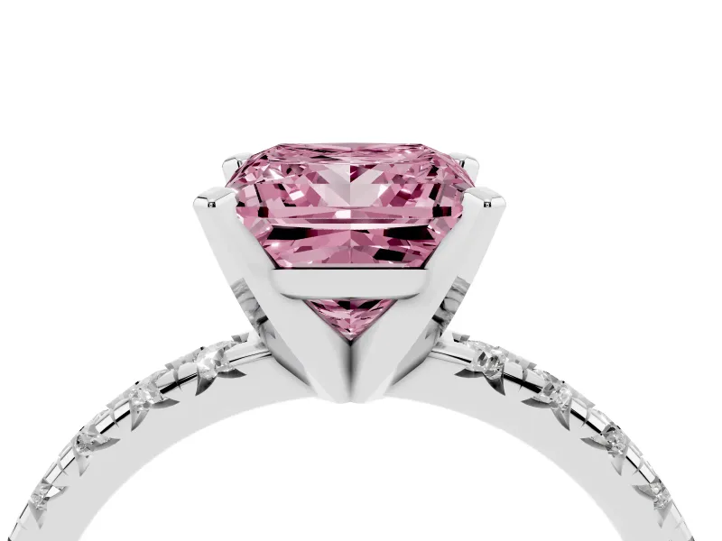 Fancy Pink Princess Cut Diamond Solitaire Pavé Engagement Ring Set in White gold with Round Band and Prong Setting
